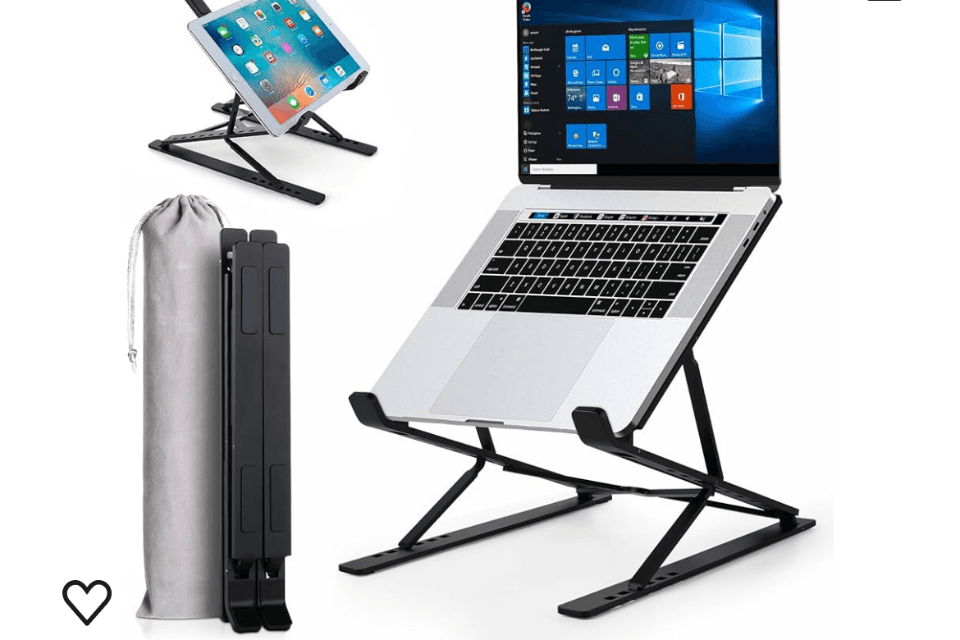 Black foldable travel laptop stand with a gray carrying bag